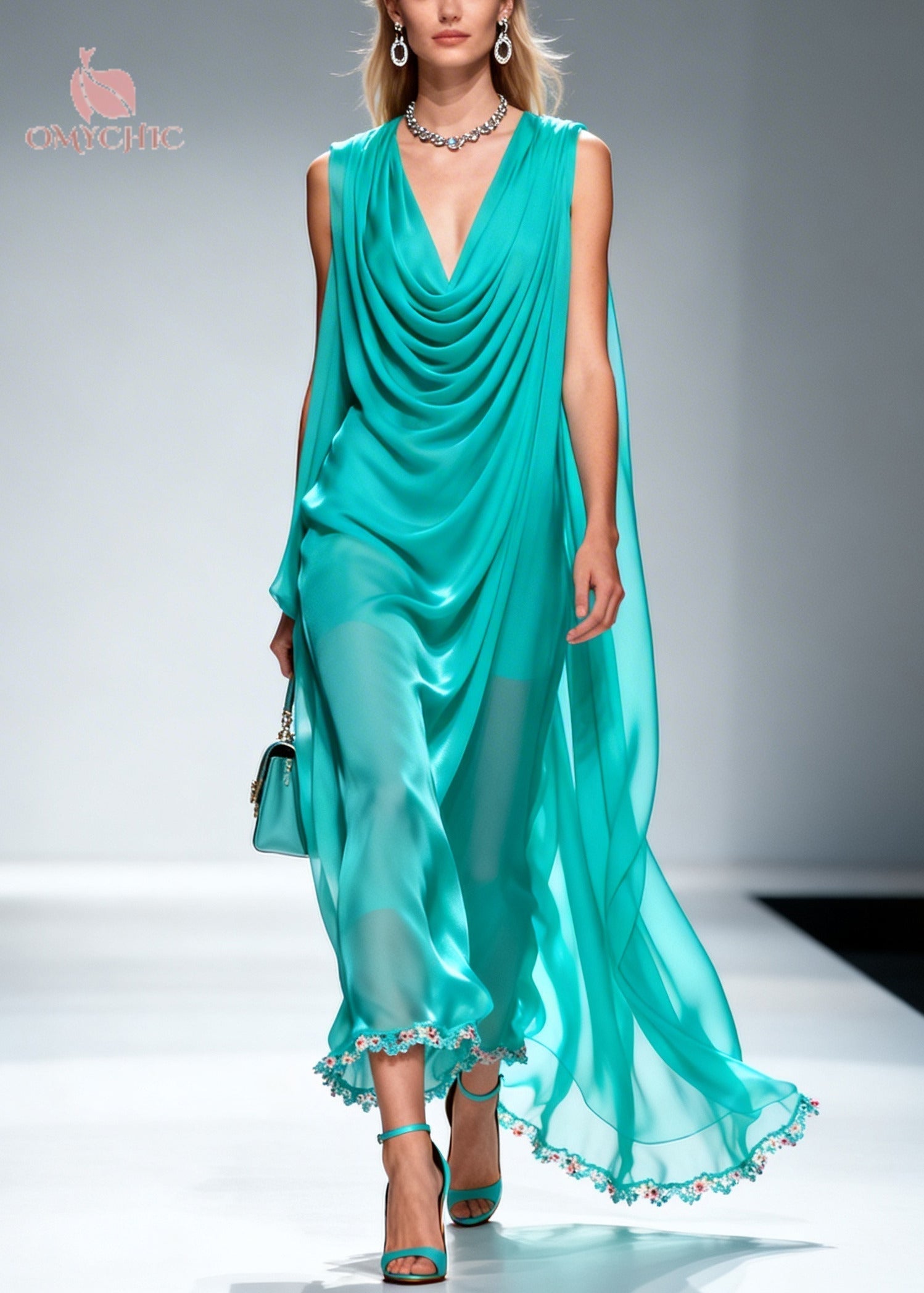Chiffon Cowl Deep V-Neck Sleeveless Scalloped Floral Embroidered Cape Maxi Gown