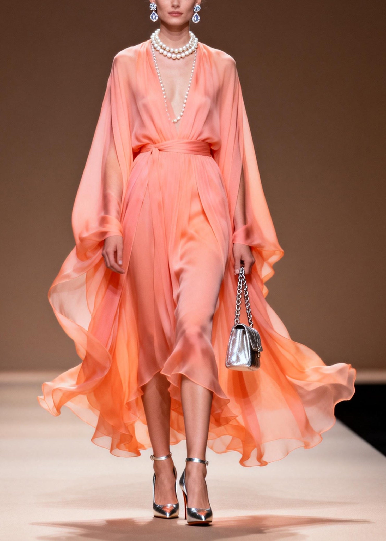 Chiffon Deep V-Neck Cape Sleeve Tie Waist Handkerchief Hem Maxi Gown