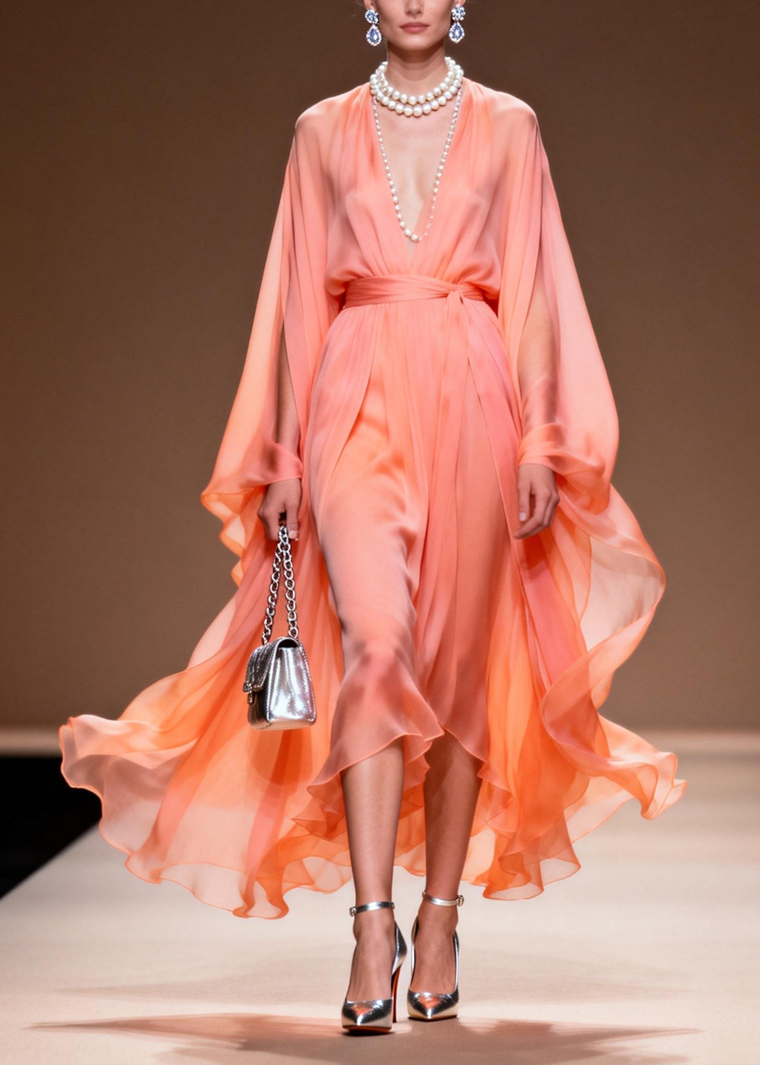 Chiffon Deep V-Neck Cape Sleeve Tie Waist Handkerchief Hem Maxi Gown