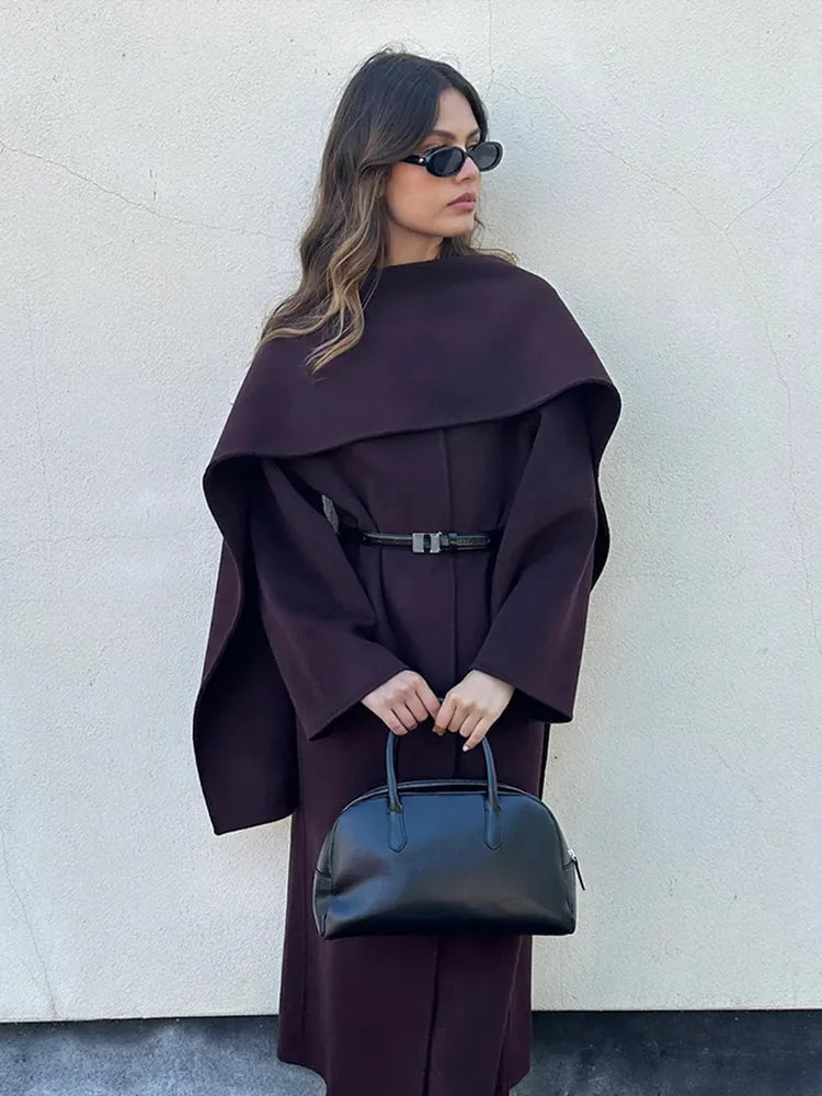 Scarf Collar Wide Sleeve Open Front Longline Wool-Look Coat 2