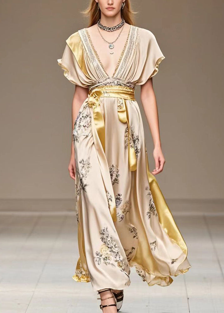 Deep V-Neck Flutter Sleeve Floral Print Sash Belt High Split Maxi Gown