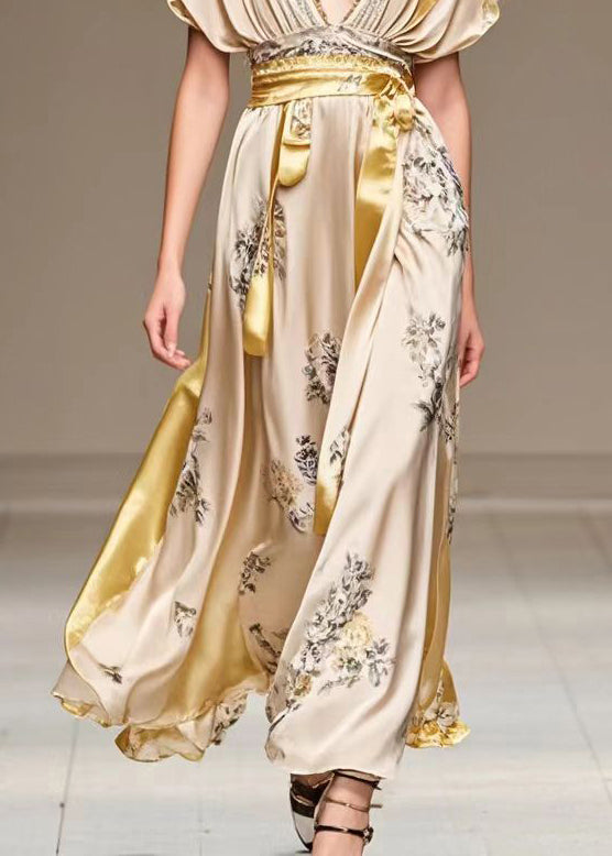 Deep V-Neck Flutter Sleeve Floral Print Sash Belt High Split Maxi Gown