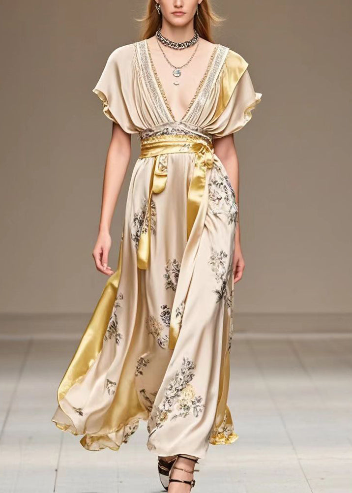 Deep V-Neck Flutter Sleeve Floral Print Sash Belt High Split Maxi Gown