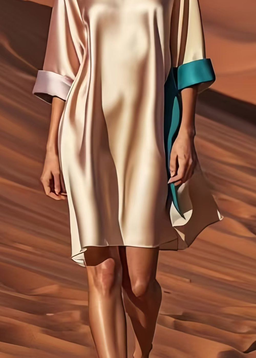 Satin Boat Neck Contrast Cuff Elbow Sleeve Shift Mini Dress