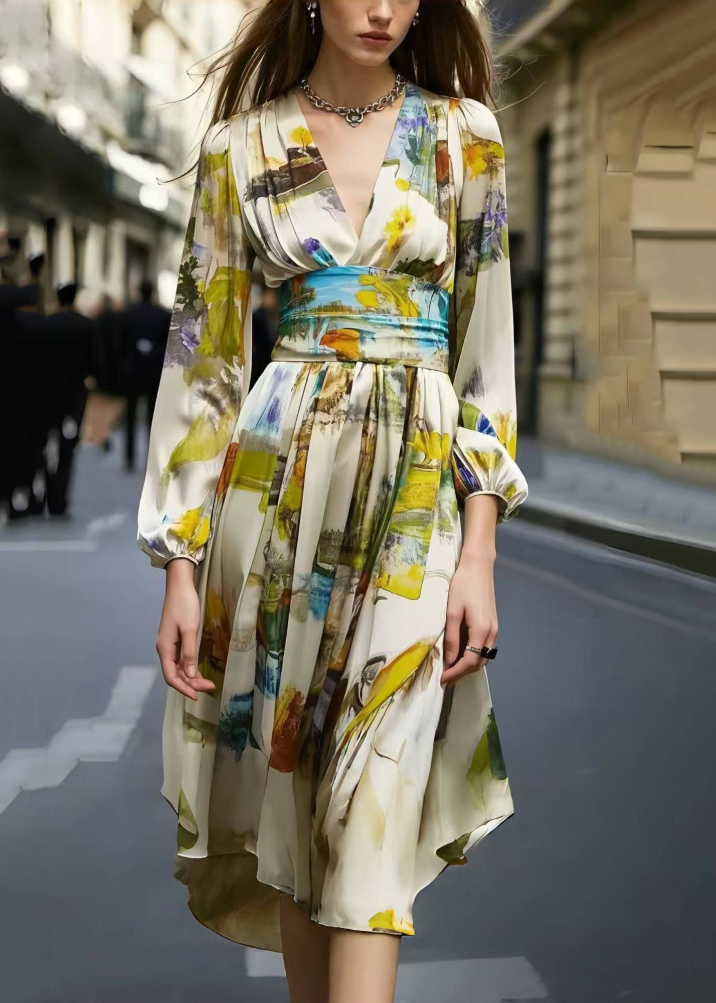 Abstract Print Deep V-Neck Long Sleeve Cinched Waist High Low Midi Dress