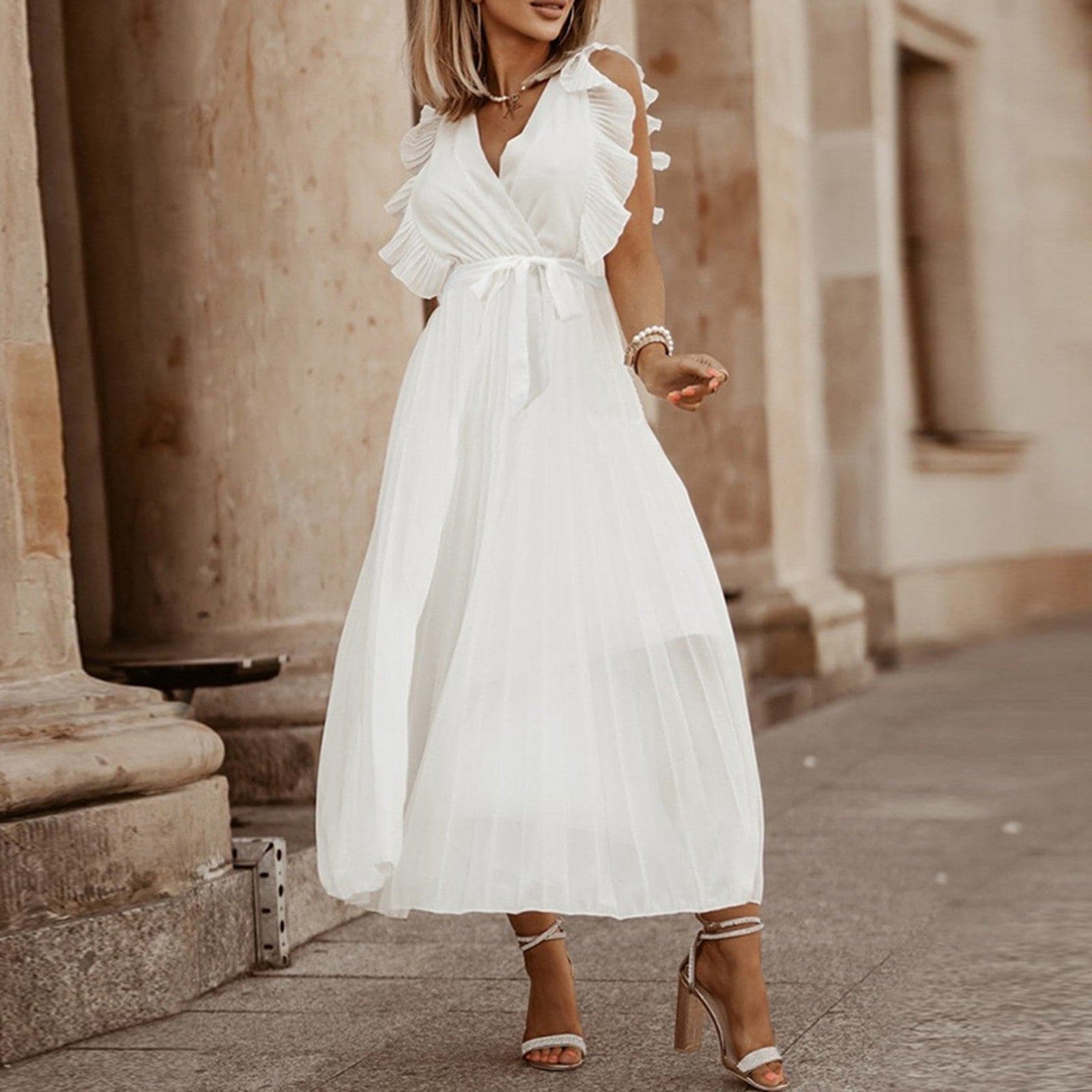 Chiffon Deep V-Neck Ruffle Shoulder Tie Waist Pleated Midi Cocktail Dress