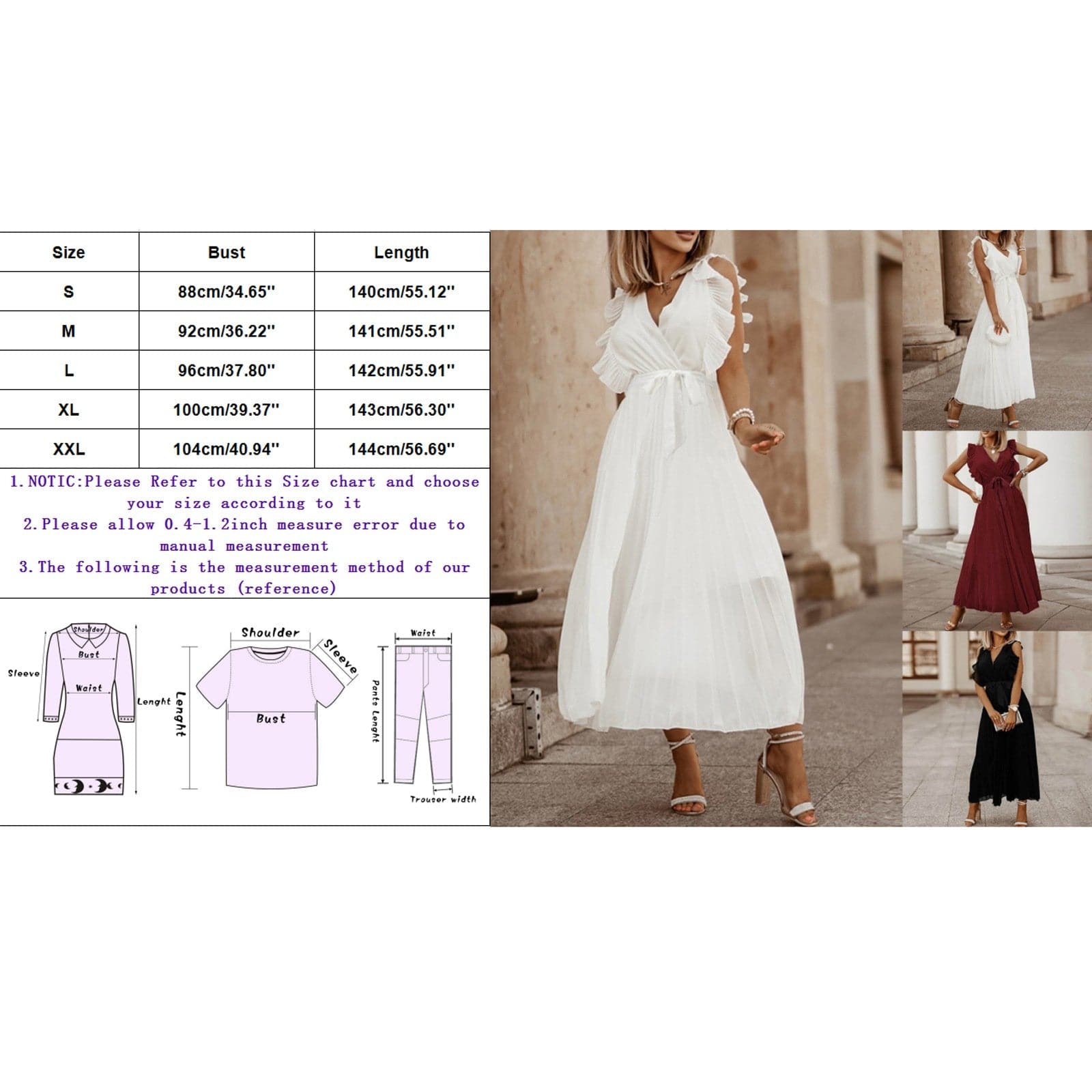 Chiffon Deep V-Neck Ruffle Shoulder Tie Waist Pleated Midi Cocktail Dress