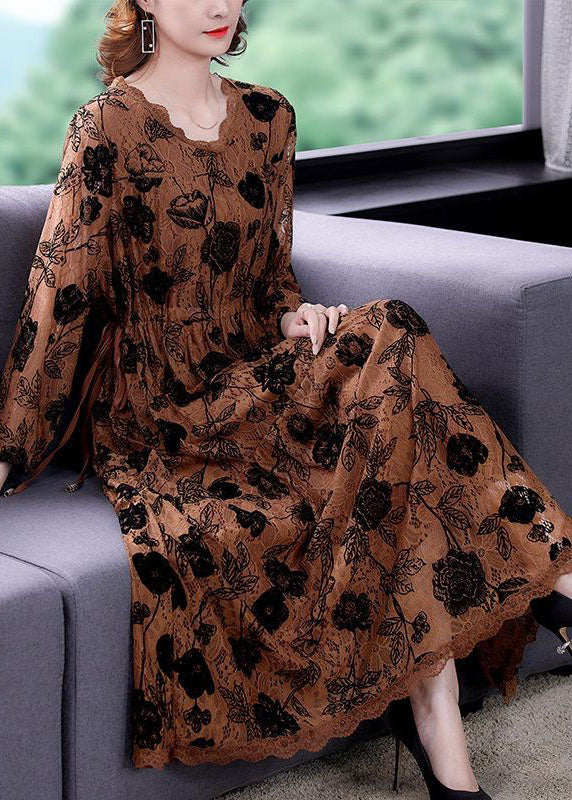 Lace Floral Rose Print Long Sleeve Scalloped Trim Gathered Waist Maxi Dress