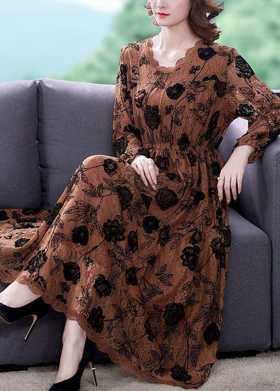 Lace Floral Rose Print Long Sleeve Scalloped Trim Gathered Waist Maxi Dress