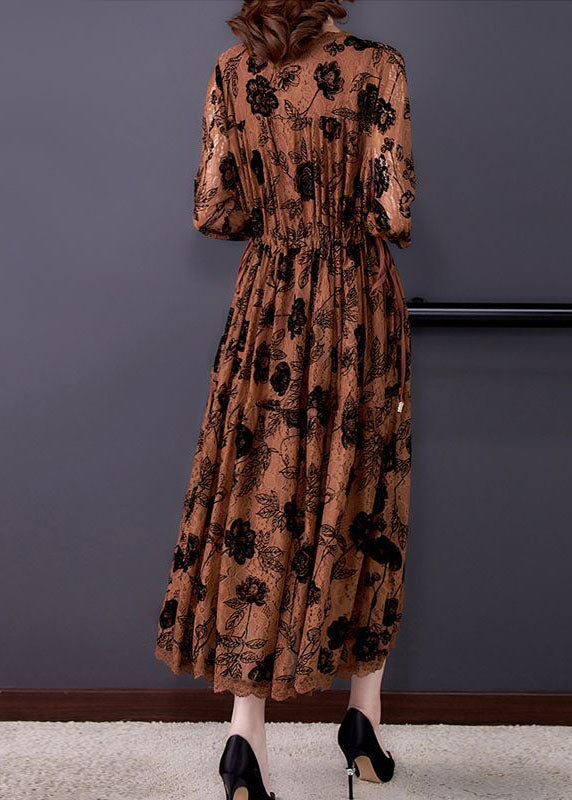 Lace Floral Rose Print Long Sleeve Scalloped Trim Gathered Waist Maxi Dress