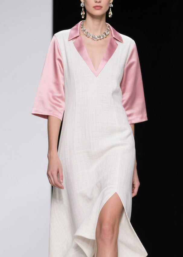 Pointed Collar Deep V-Neck Short Sleeve High Split Asymmetrical Midi Dress