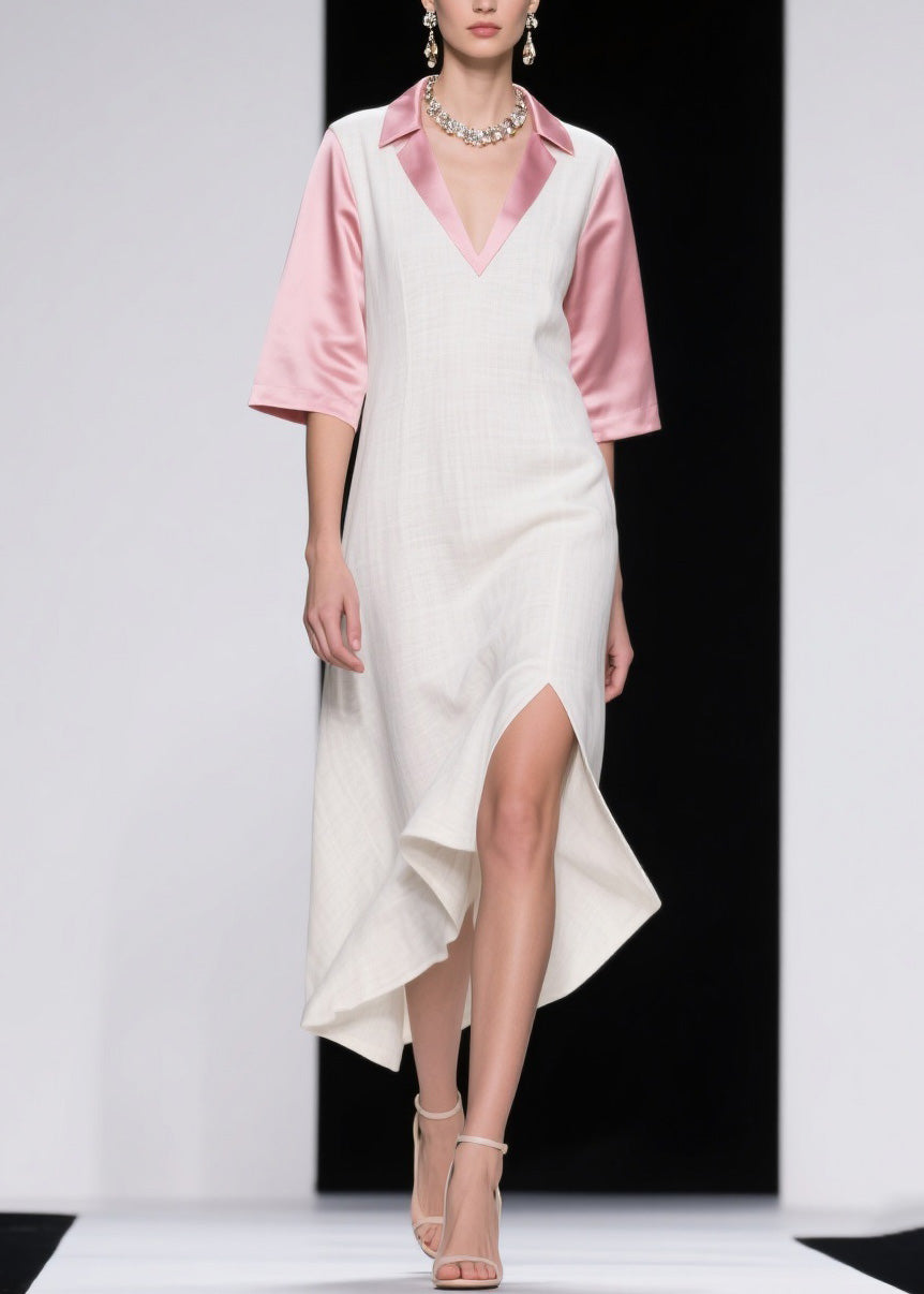 Pointed Collar Deep V-Neck Short Sleeve High Split Asymmetrical Midi Dress