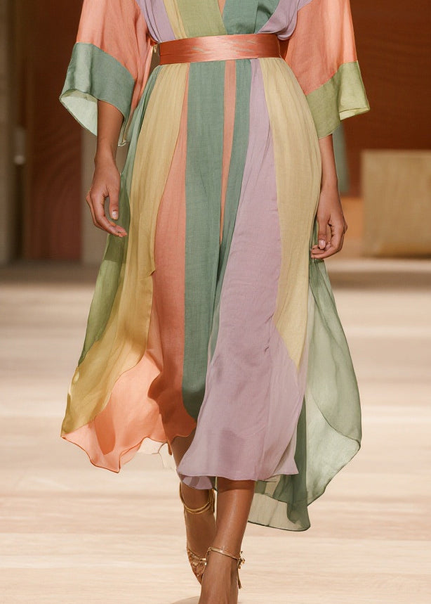 Vertical Stripe Deep V-Neck Kimono Sleeve Belted Handkerchief Hem Midi Dress