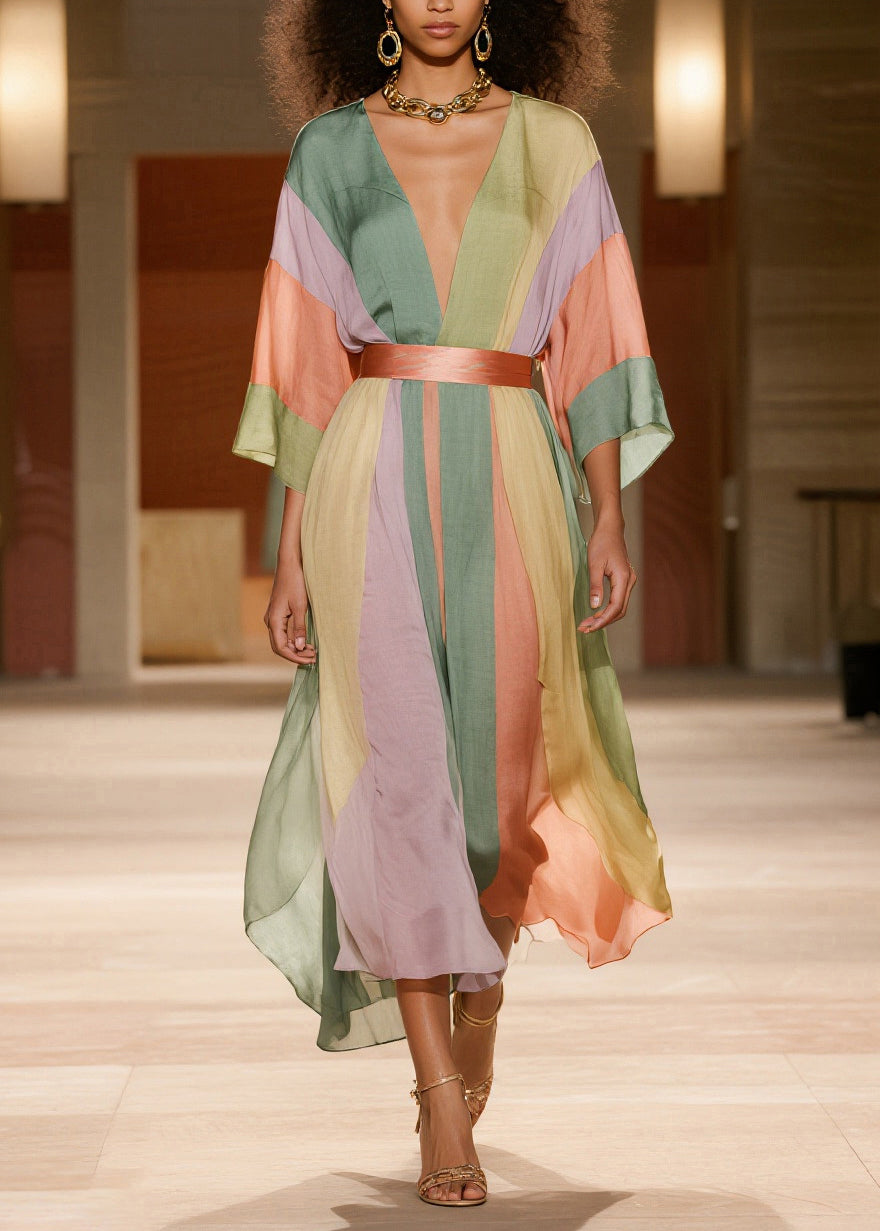Striped Deep V-Neck Kimono Sleeve Sash Waist Handkerchief Hem Chiffon Maxi Dress