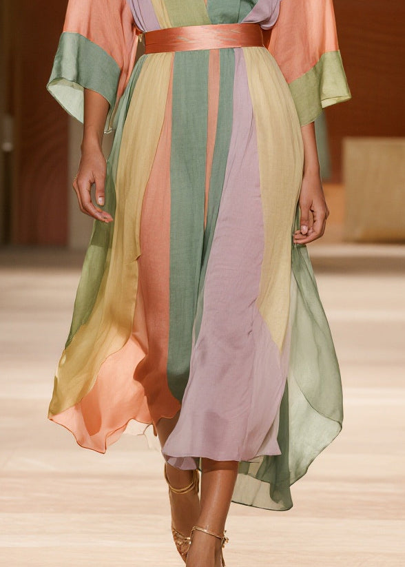 Striped Deep V-Neck Kimono Sleeve Sash Waist Handkerchief Hem Chiffon Maxi Dress