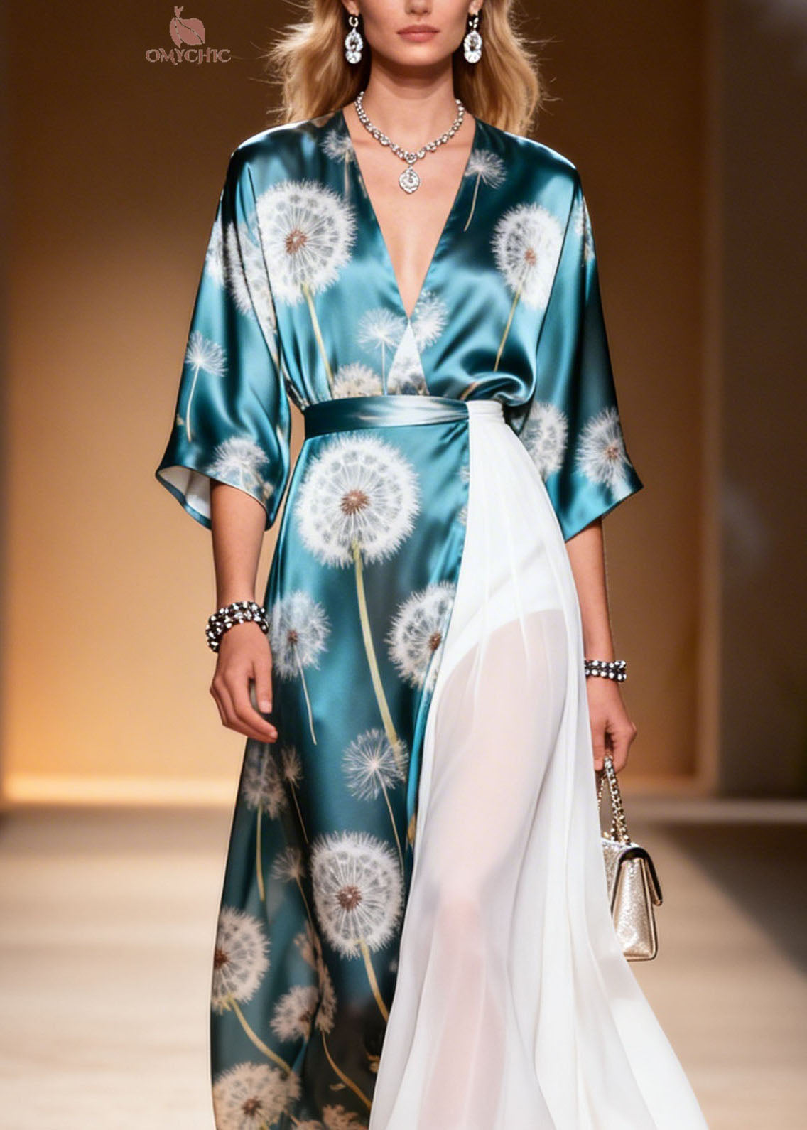 Dandelion Print Wrap Kimono Sleeve Deep V-Neck Pleated Chiffon Tier Panel Maxi Dress