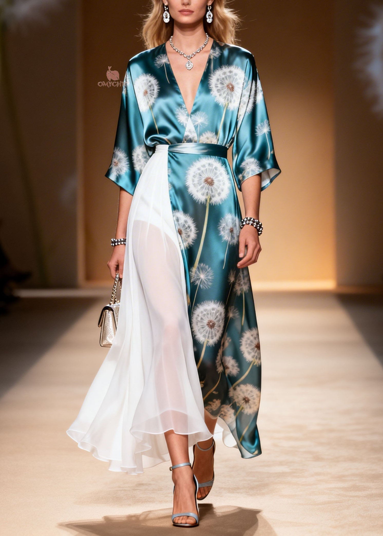 Dandelion Print Wrap Kimono Sleeve Deep V-Neck Pleated Chiffon Tier Panel Maxi Dress