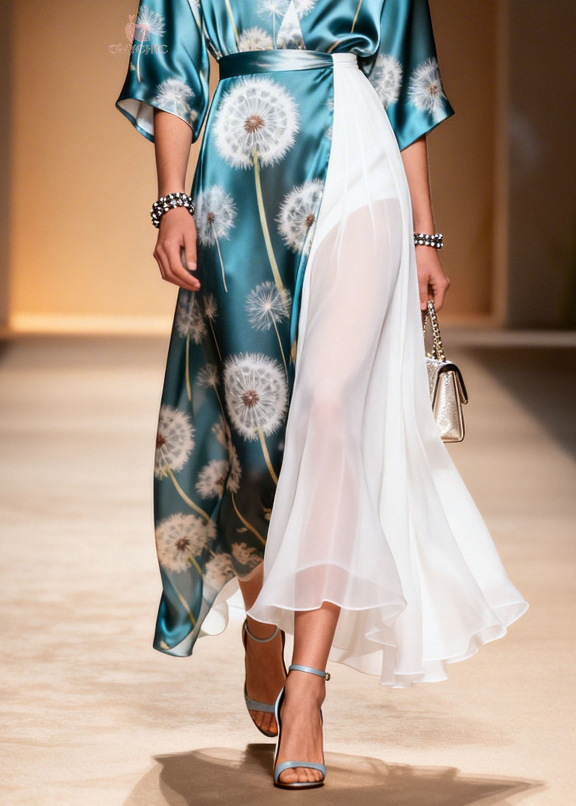 Dandelion Print Wrap Kimono Sleeve Deep V-Neck Pleated Chiffon Tier Panel Maxi Dress