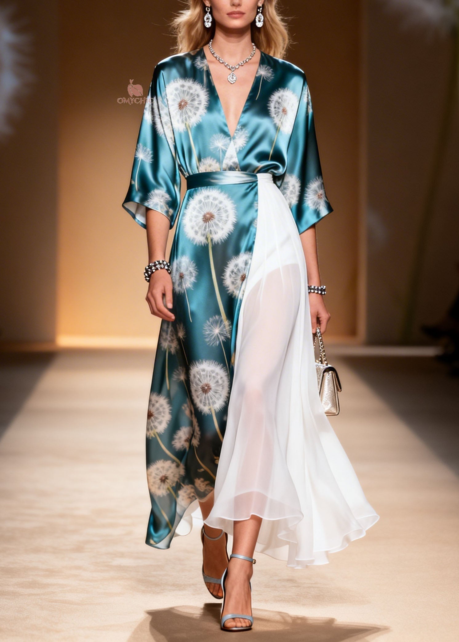 Dandelion Print Wrap Kimono Sleeve Deep V-Neck Pleated Chiffon Tier Panel Maxi Dress