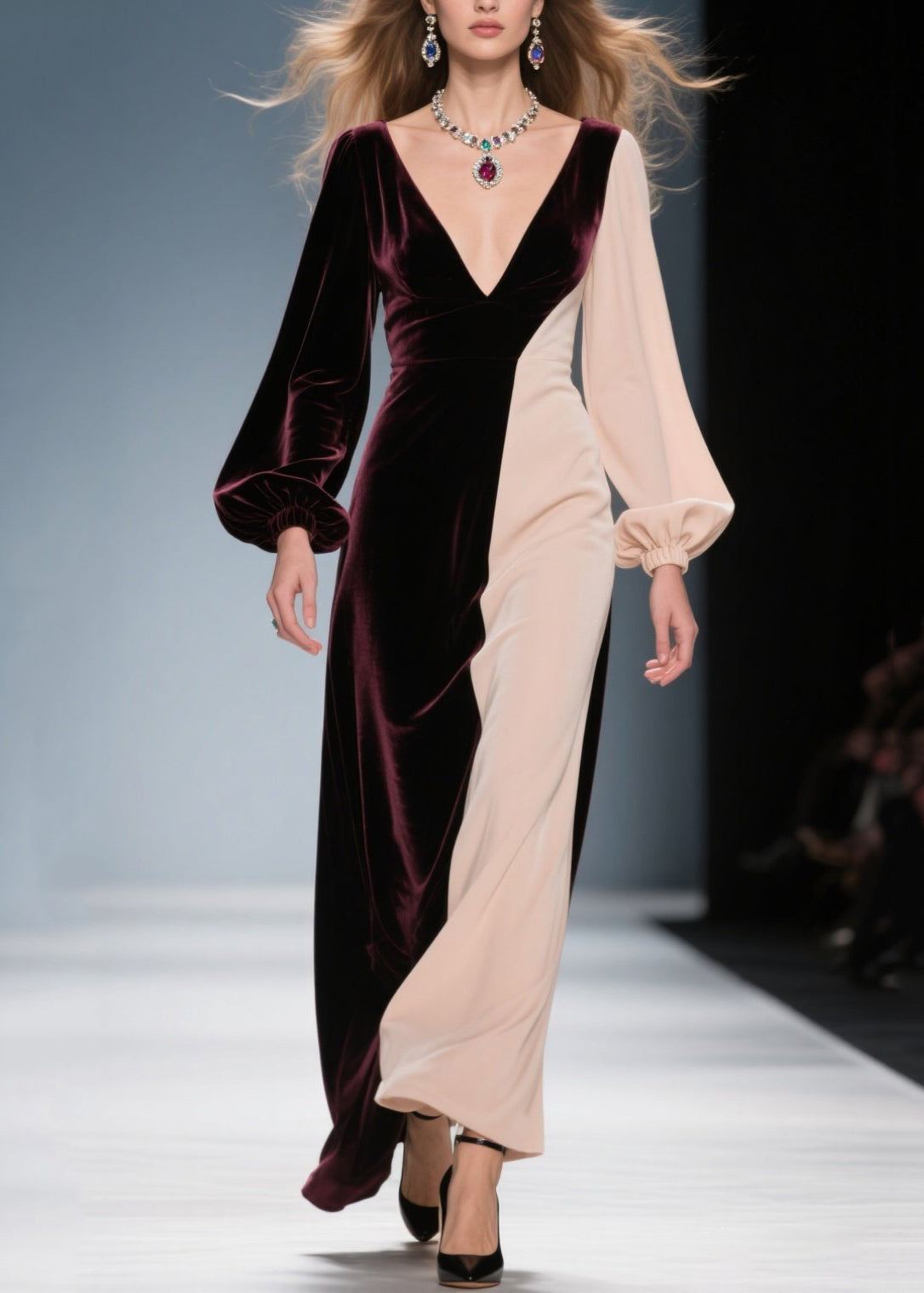 Colorblock Velvet Deep V-Neck Bishop Sleeve Maxi Gown