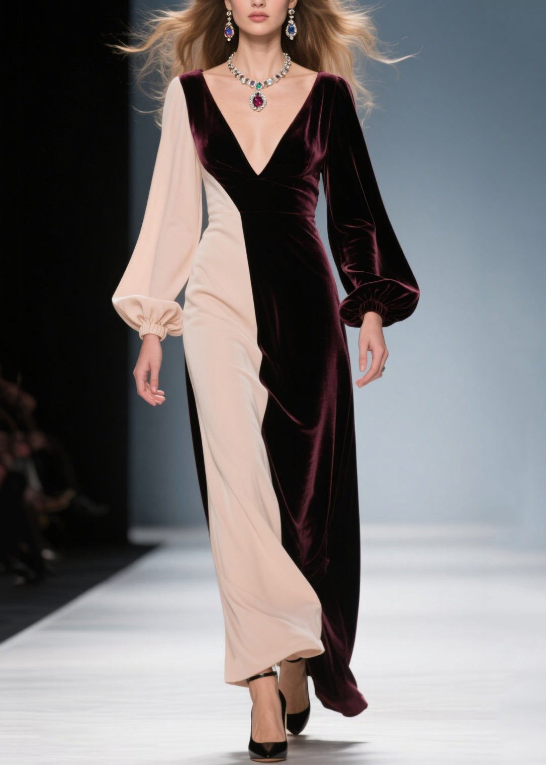 Colorblock Velvet Deep V-Neck Bishop Sleeve Maxi Gown