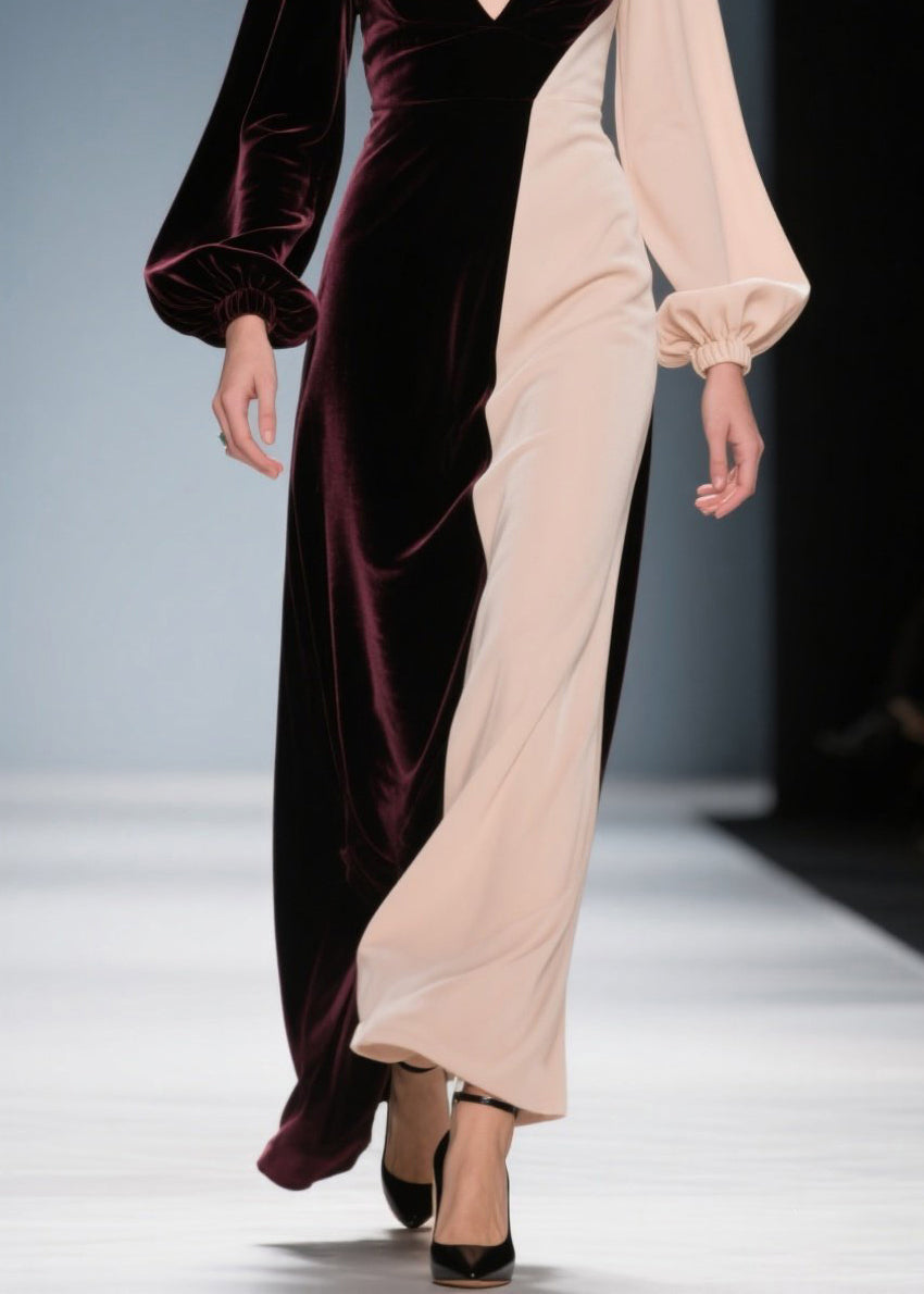 Colorblock Velvet Deep V-Neck Bishop Sleeve Maxi Gown