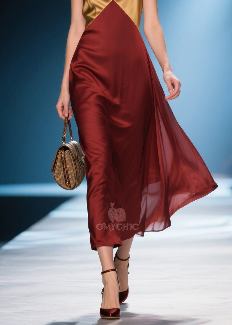Satin Colorblock Deep V-Neck Spaghetti Strap Midi Dress