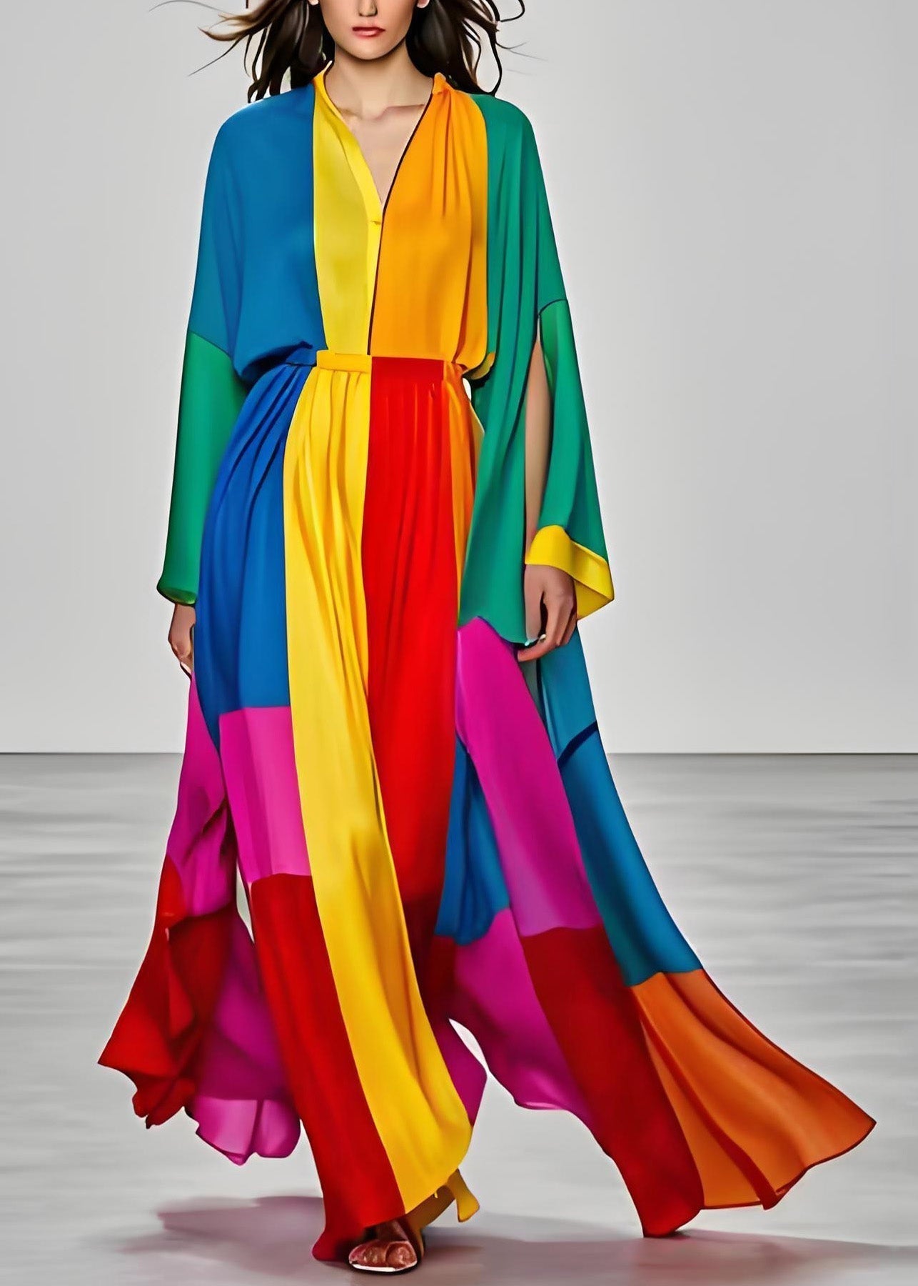 Satin Deep V-Neck Long Sleeve Slit Cape Sleeve Color Block Pleated Maxi Gown