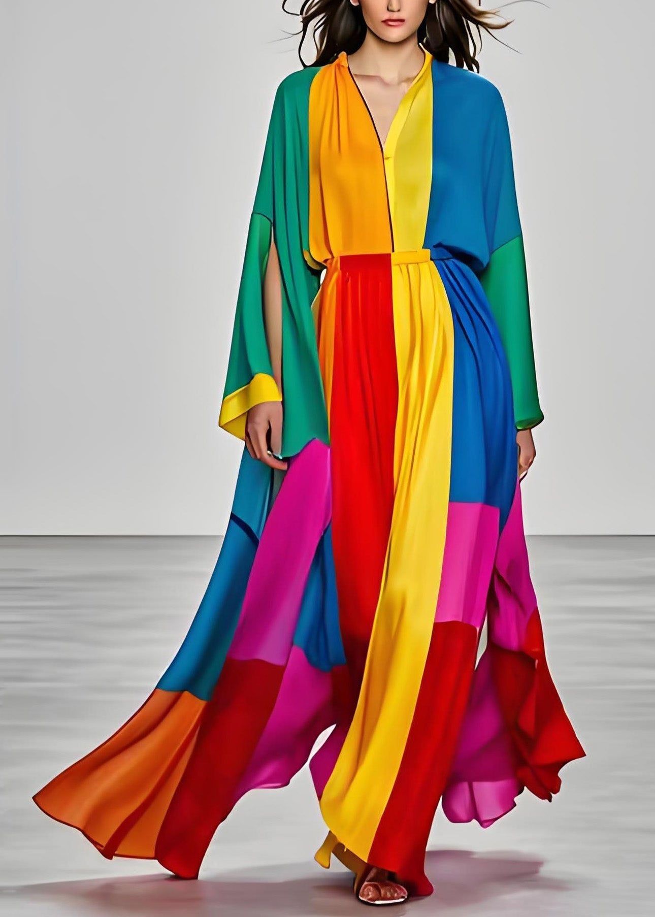 Satin Deep V-Neck Long Sleeve Slit Cape Sleeve Color Block Pleated Maxi Gown