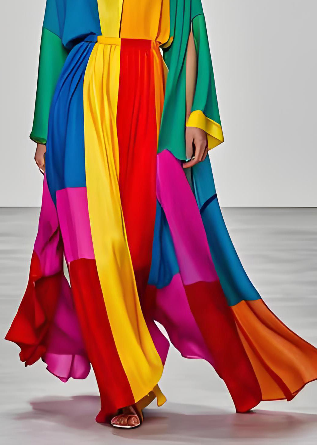 Satin Deep V-Neck Long Sleeve Slit Cape Sleeve Color Block Pleated Maxi Gown