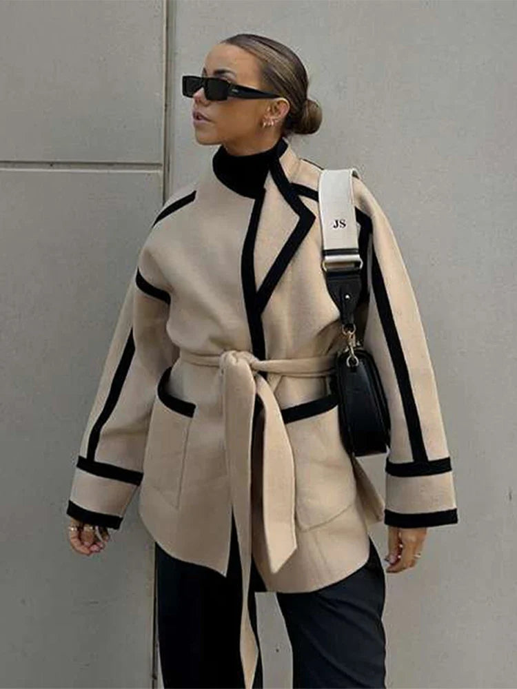Contrast Woolen Belted Coat