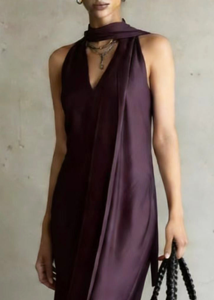 Chiffon Halter Neck Scarf Tie Deep V-Neck Column Maxi Gown