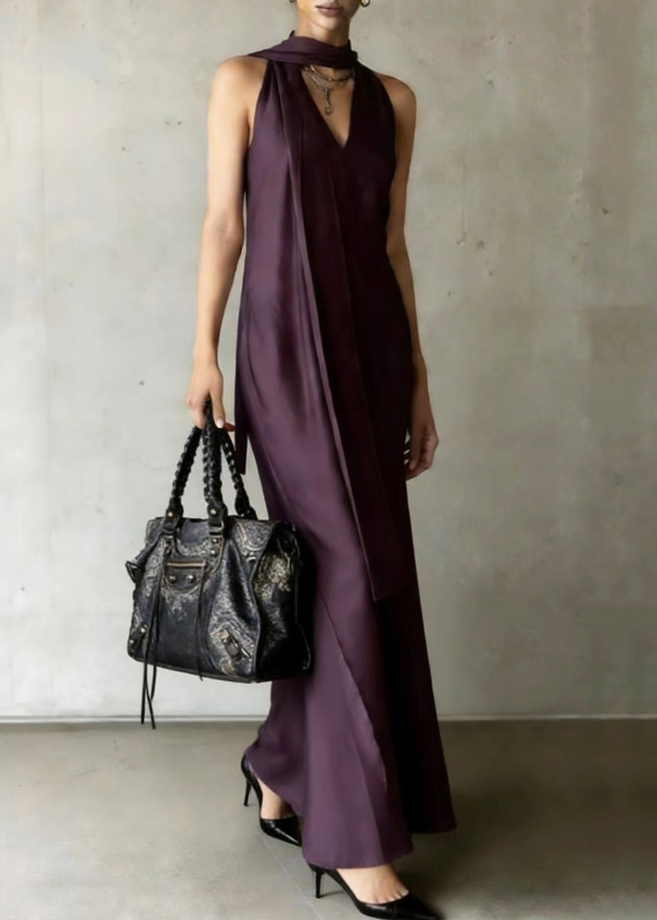 Chiffon Halter Neck Scarf Tie Deep V-Neck Column Maxi Gown