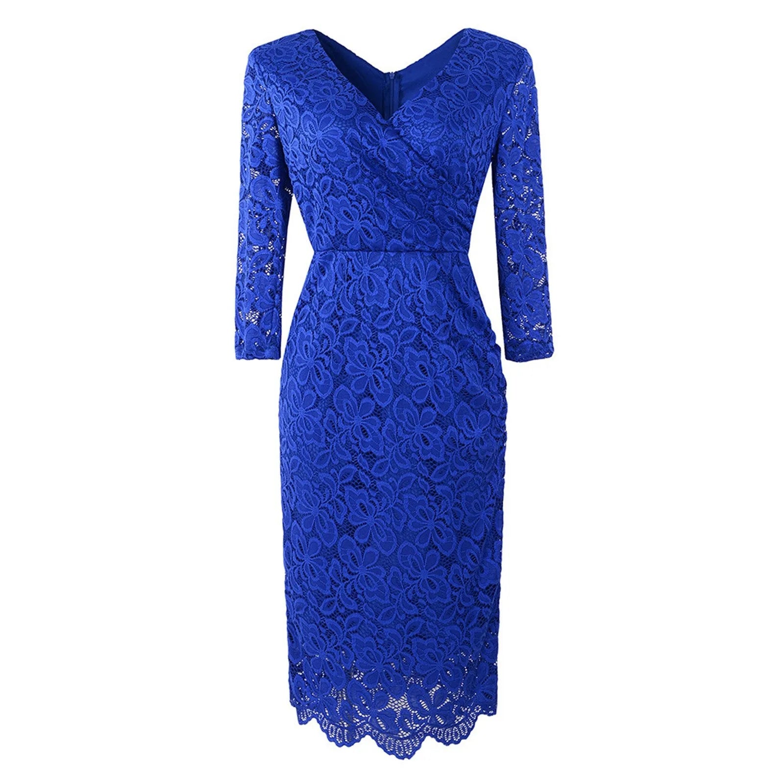 Lace V-Neck Long Sleeve Ruched Wrap Midi Dress