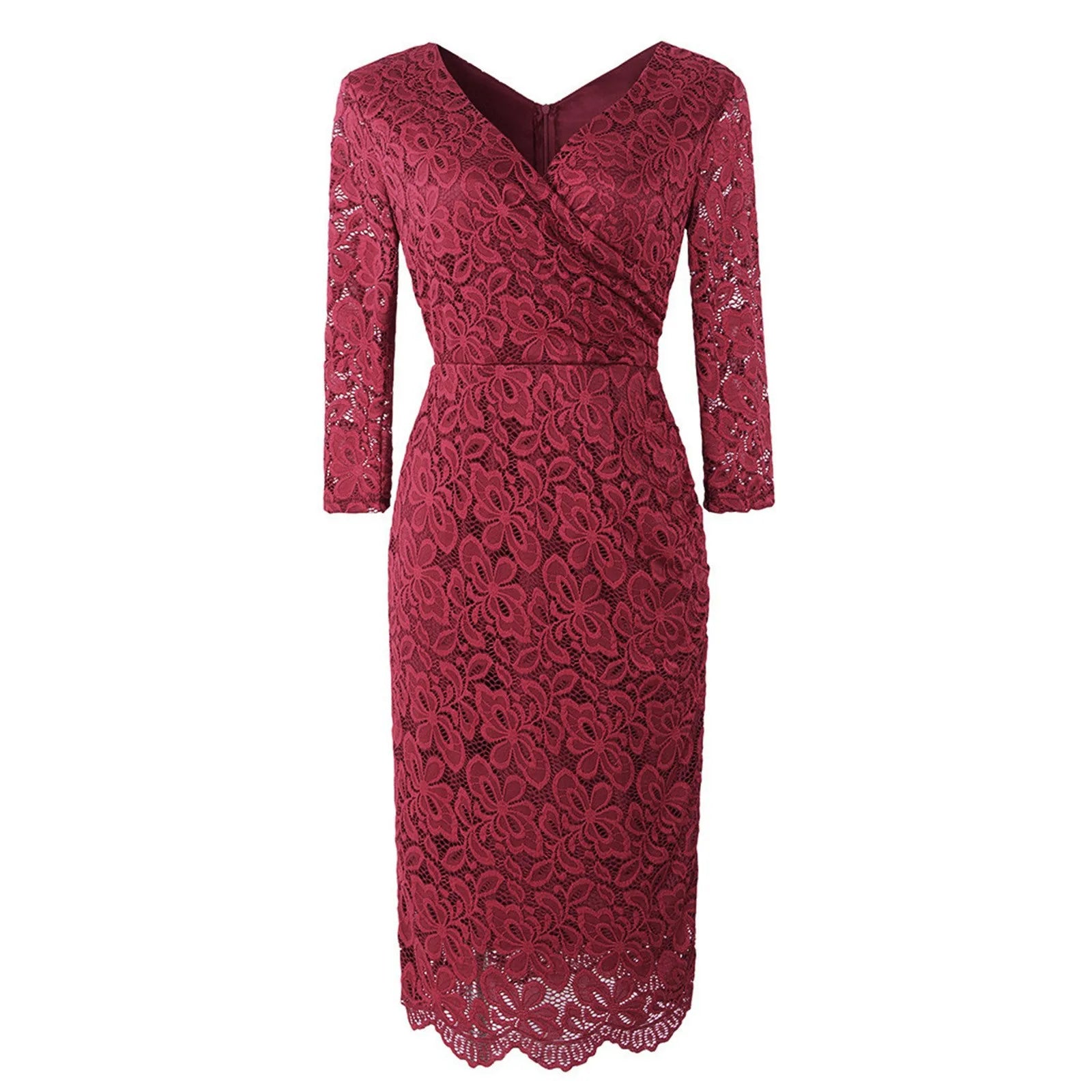 Lace V-Neck Long Sleeve Ruched Wrap Midi Dress