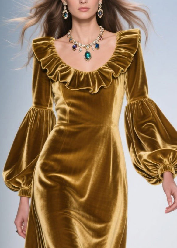 Velvet Ruffle Neck Bishop Sleeve High Low Maxi Gown