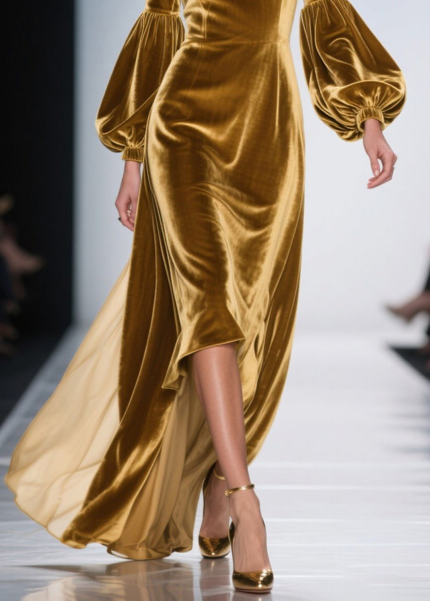 Velvet Ruffle Neck Bishop Sleeve High Low Maxi Gown