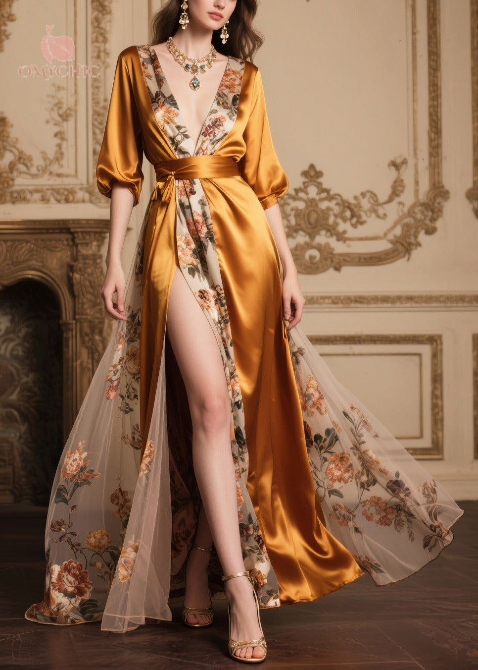 Satin Wrap Deep V-Neck Puff Sleeve Floral Print Panel High Split Maxi Gown