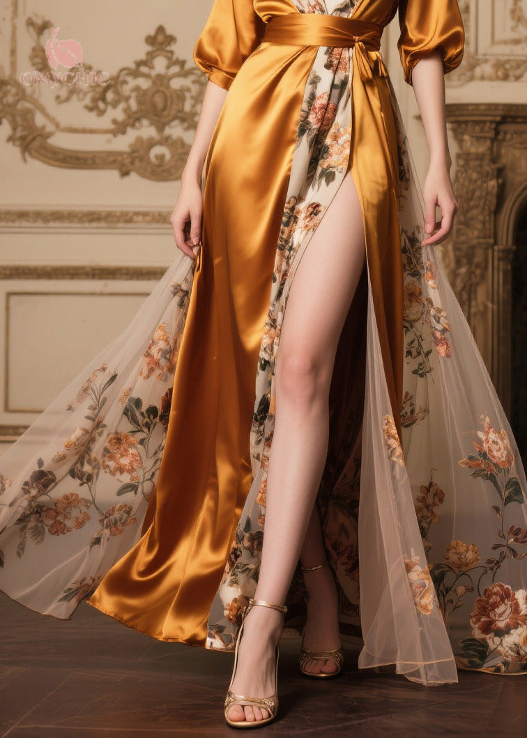 Satin Wrap Deep V-Neck Puff Sleeve Floral Print Panel High Split Maxi Gown