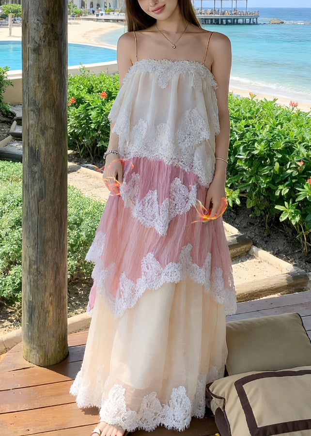 Spaghetti Strap Lace Trim Tiered Boho Chiffon Maxi Dress