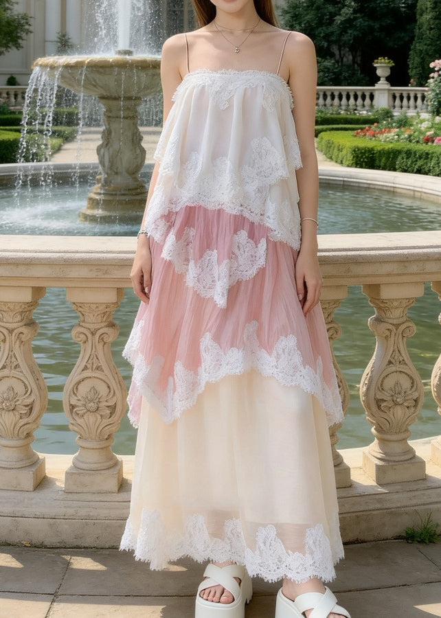 Spaghetti Strap Lace Trim Tiered Boho Chiffon Maxi Dress