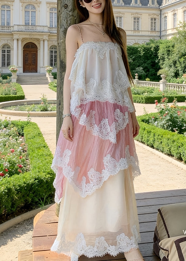 Spaghetti Strap Lace Trim Tiered Boho Chiffon Maxi Dress
