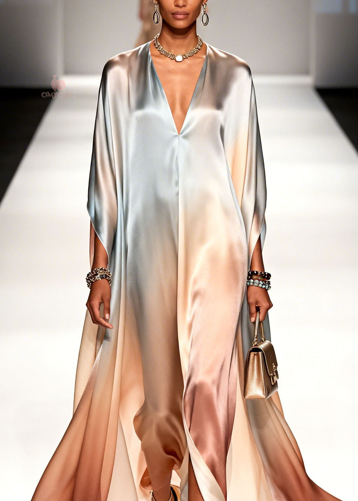 Satin Deep V-Neck Oversized Cape Sleeve Draped Kaftan Maxi Gown