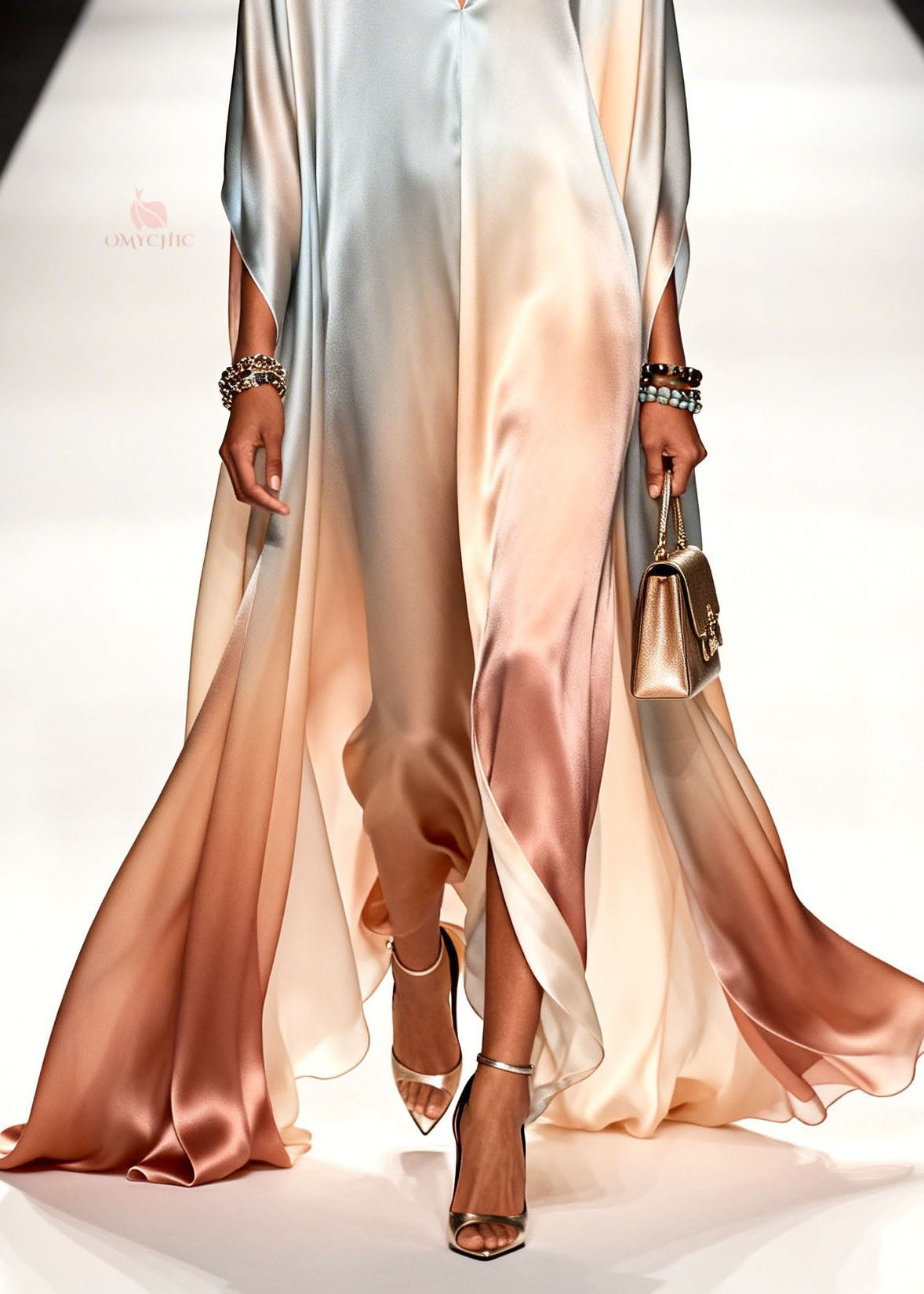 Satin Deep V-Neck Oversized Cape Sleeve Draped Kaftan Maxi Gown