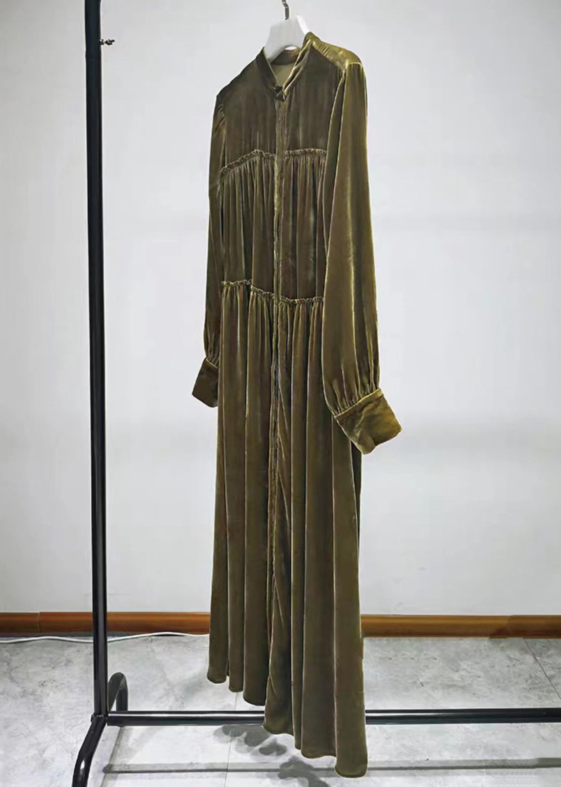 Velvet Mandarin Collar Button Front Tiered Ruffle Long Sleeve Maxi Dress