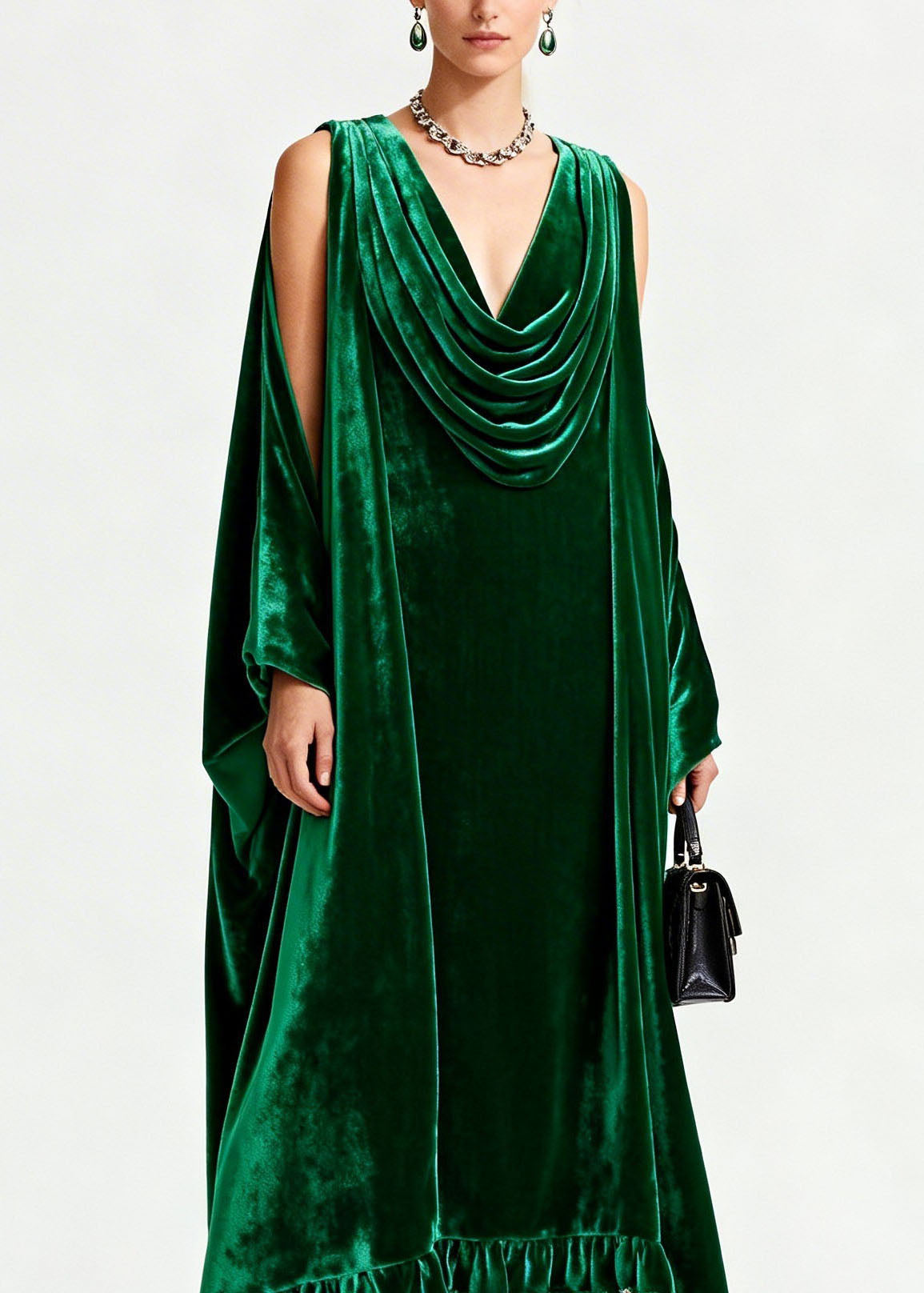 Velvet Cowl Neck Cape Sleeve Floral Embroidered Ruffle Hem Maxi Gown
