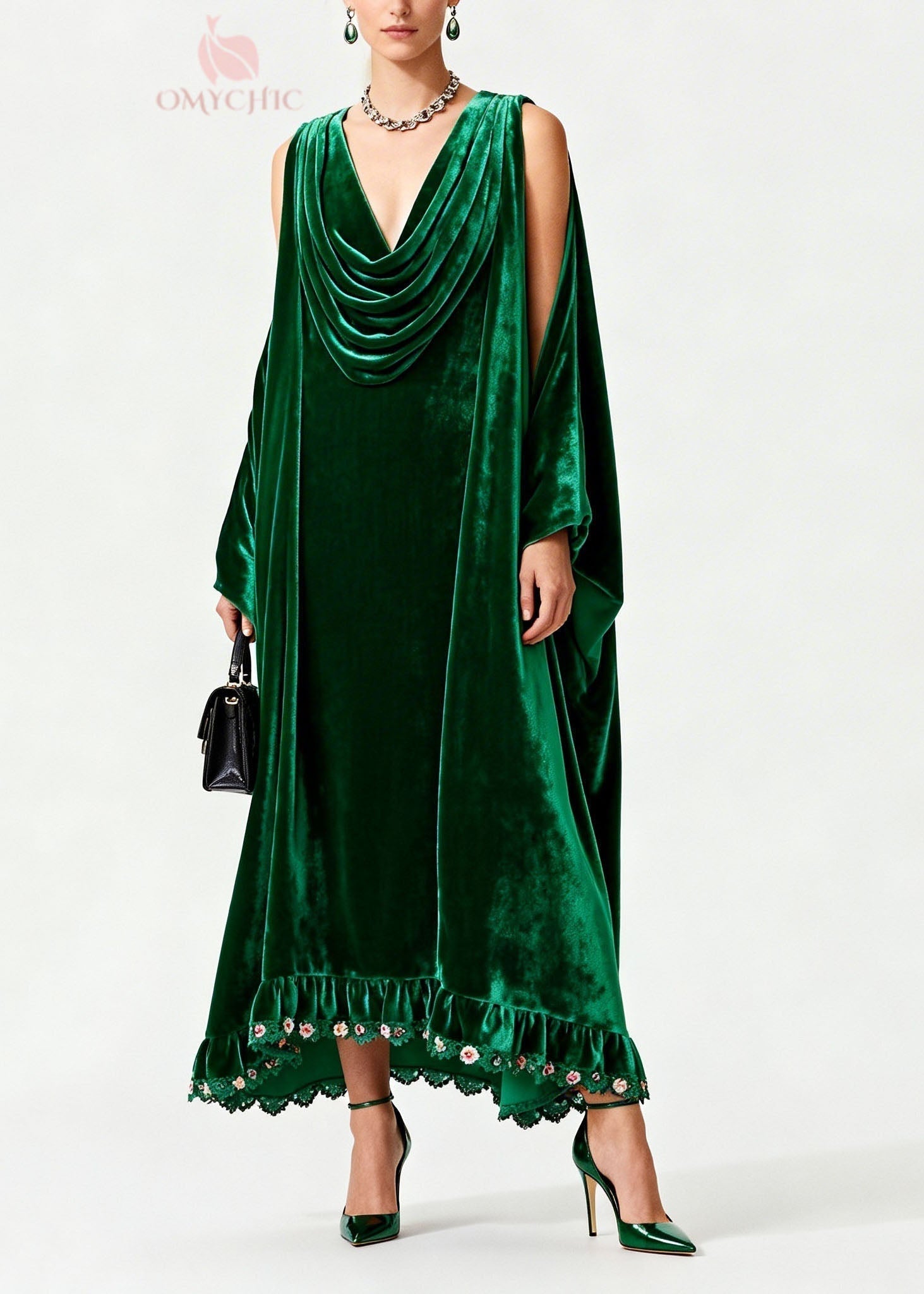 Velvet Cowl Neck Cape Sleeve Floral Embroidered Ruffle Hem Maxi Gown