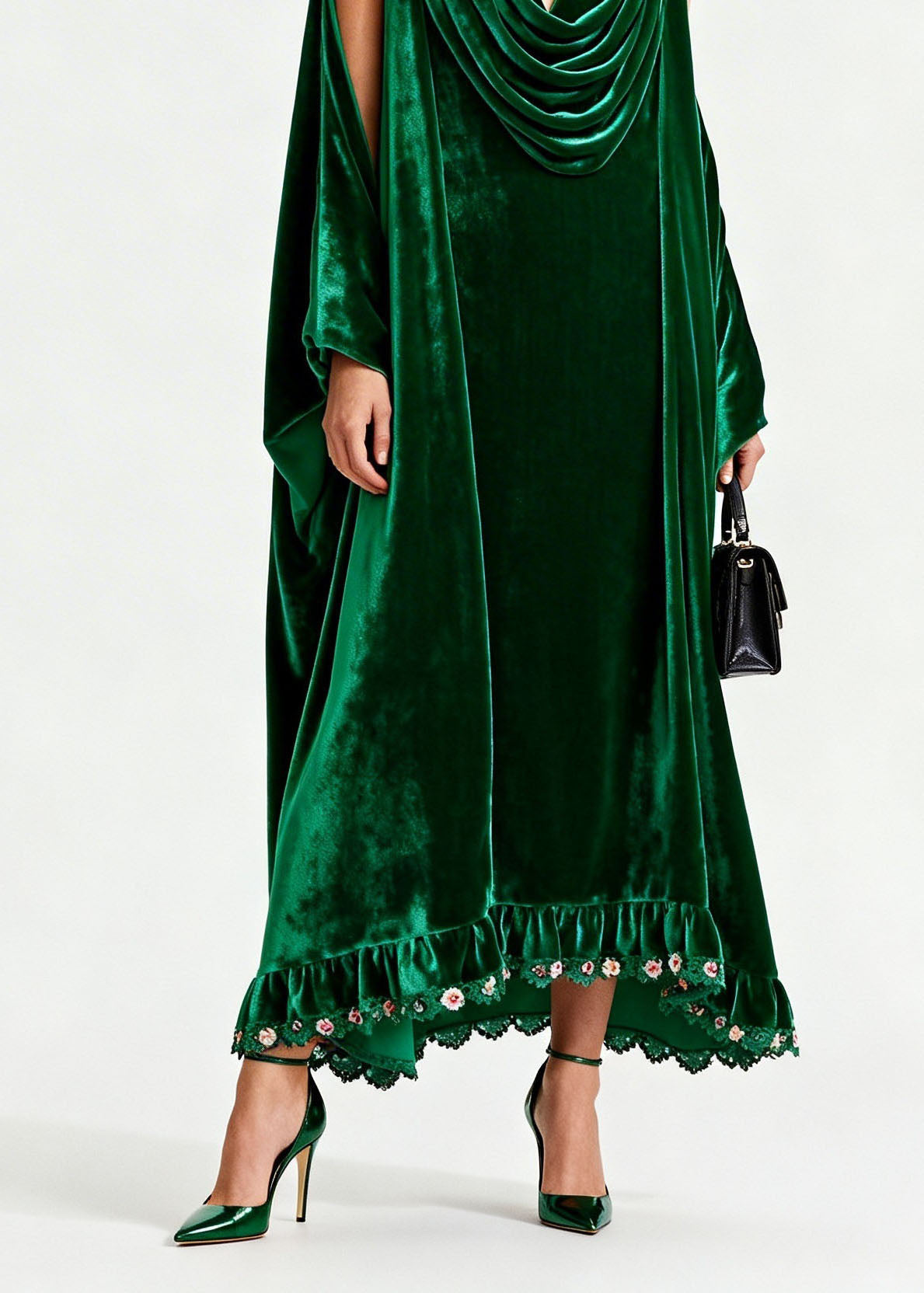 Velvet Cowl Neck Cape Sleeve Floral Embroidered Ruffle Hem Maxi Gown