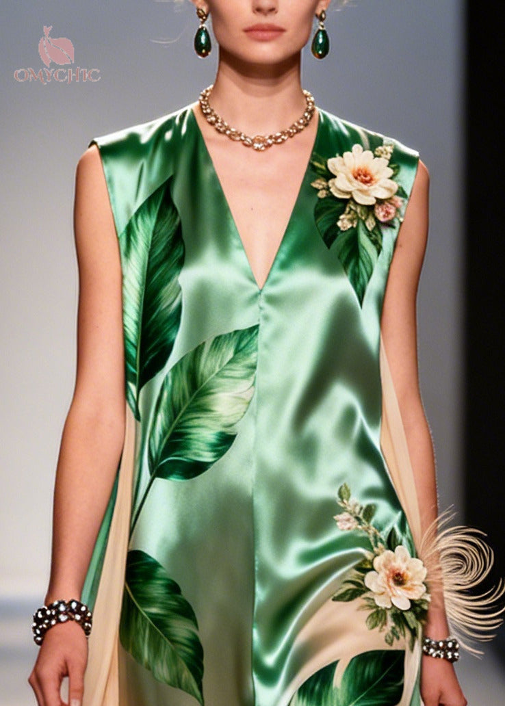 Tropical Print V-Neck Sleeveless Floral Applique Chiffon Cape Maxi Gown