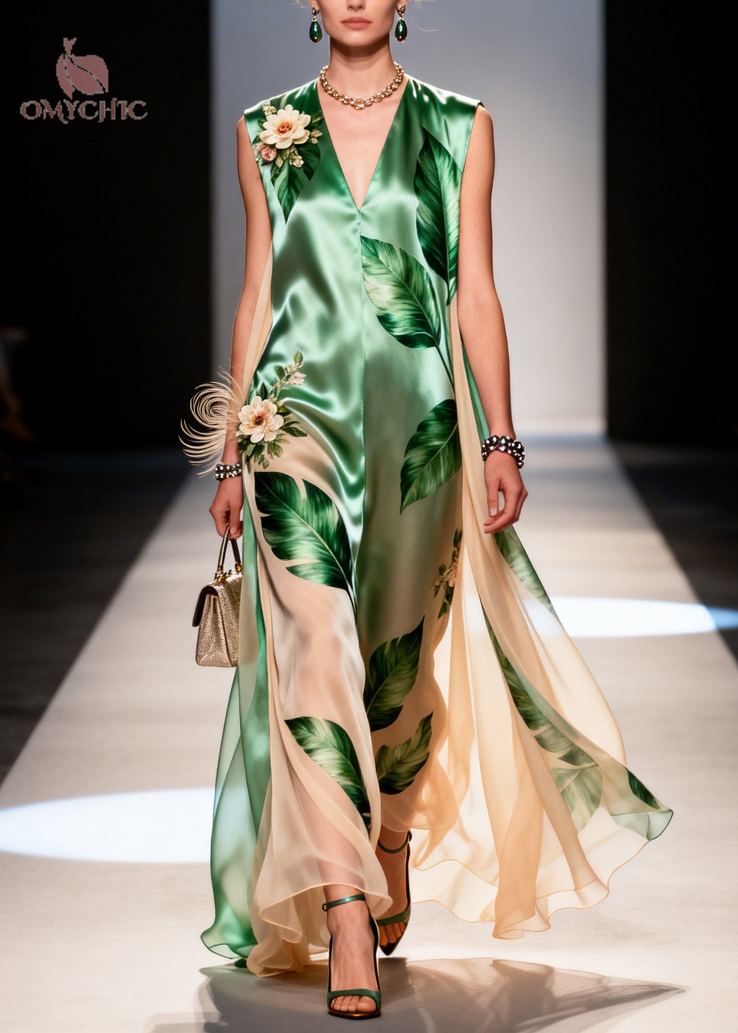 Tropical Print V-Neck Sleeveless Floral Applique Chiffon Cape Maxi Gown